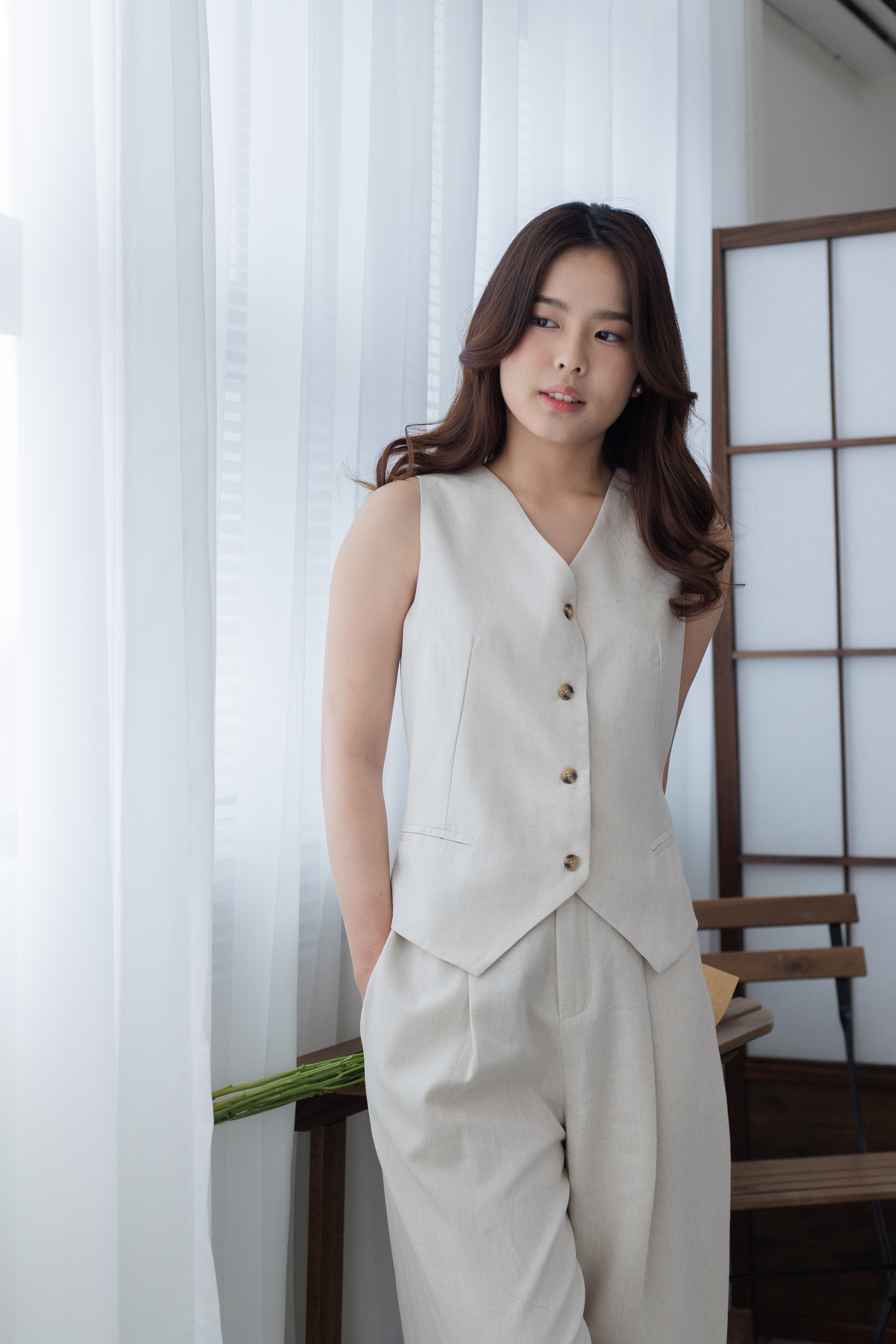 Cecile Linen Vest Beige- 2672BVBEI