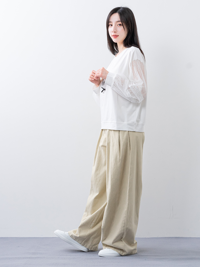雙層蕾絲拼接上衣跳色配釦剪接寬褲組合