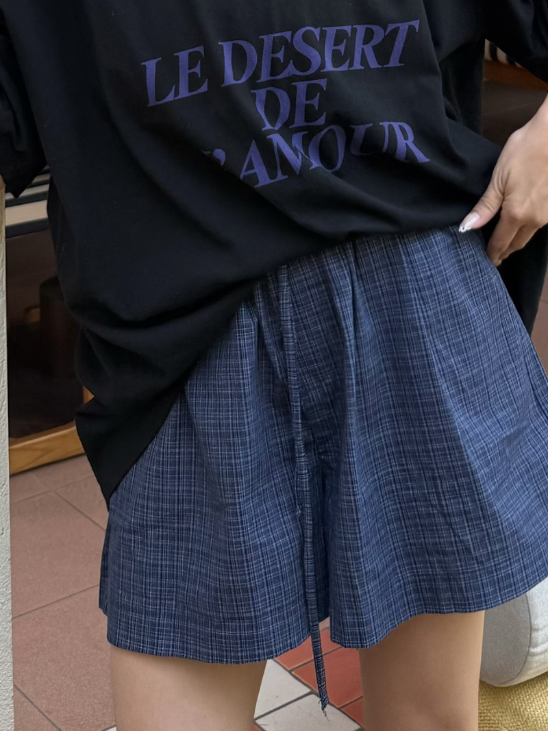 B1659-格子牛仔抽繩短褲