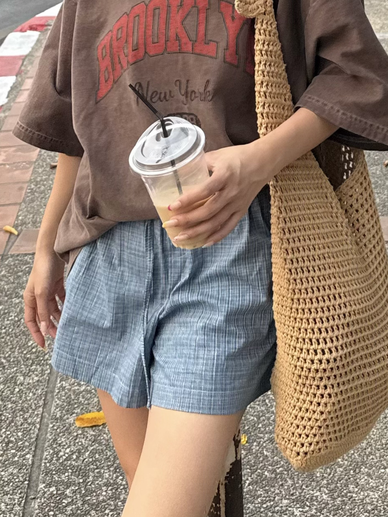 B1659-格子牛仔抽繩短褲