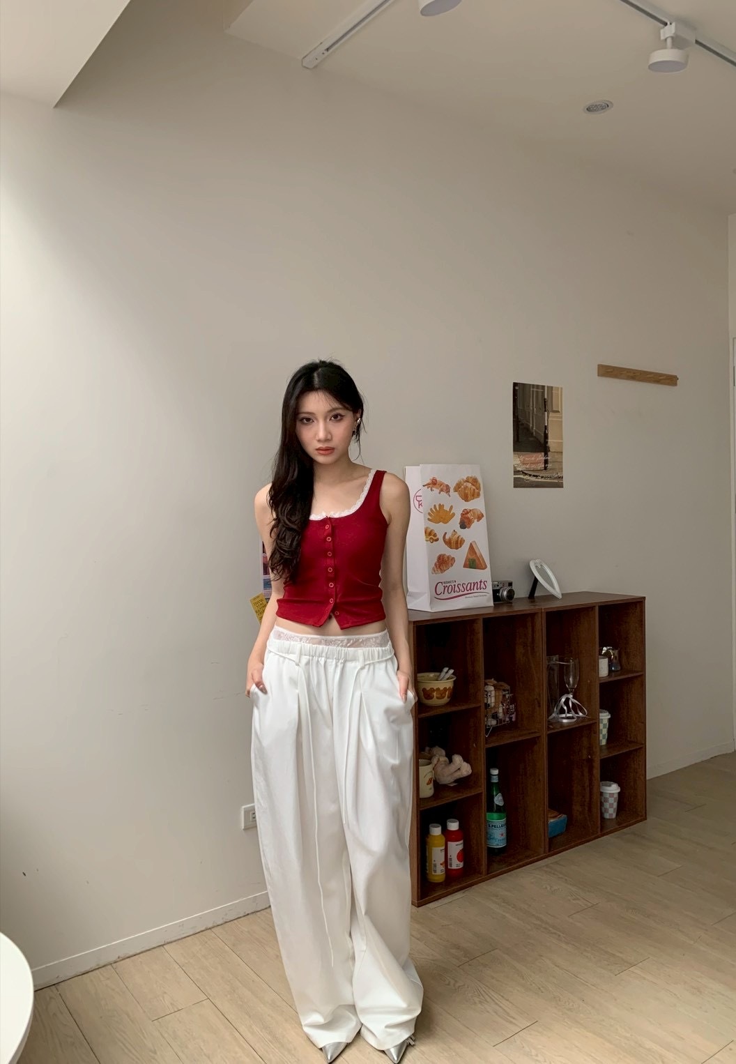 B160蕾絲假兩件寬鬆長褲