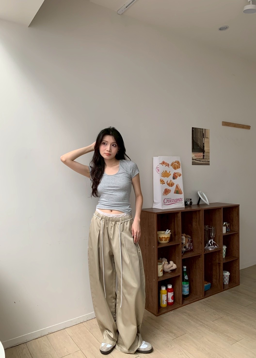 B160蕾絲假兩件寬鬆長褲