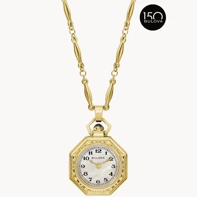 Bulova 寶路華Quartz Sapphire White Dail stainless steel Necklace 150 anniversary Limited RubsIiyat Pendant art deco heritage  97L182 ,  25.5mm 150週年限量版 珍珠母貝錶盤金色不鏽鋼石英頸鏈錶