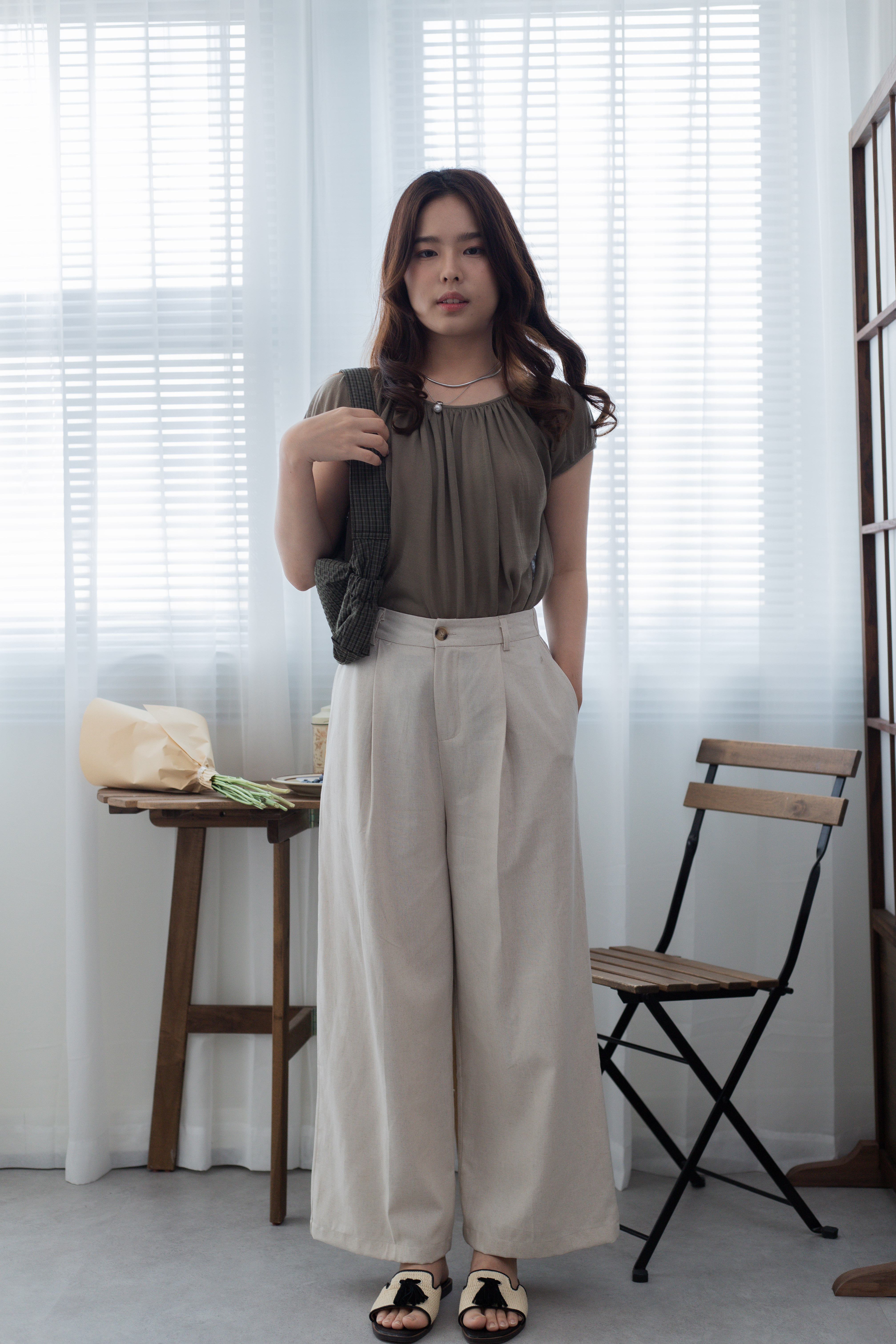 Evelyn Gathered Knit Top Khaki - 2683KSKHA