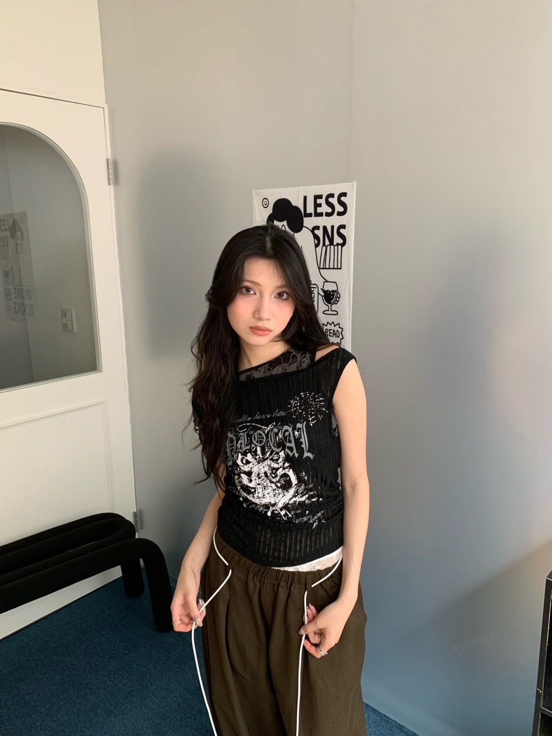 B156亞裔風蕾絲假兩件背心