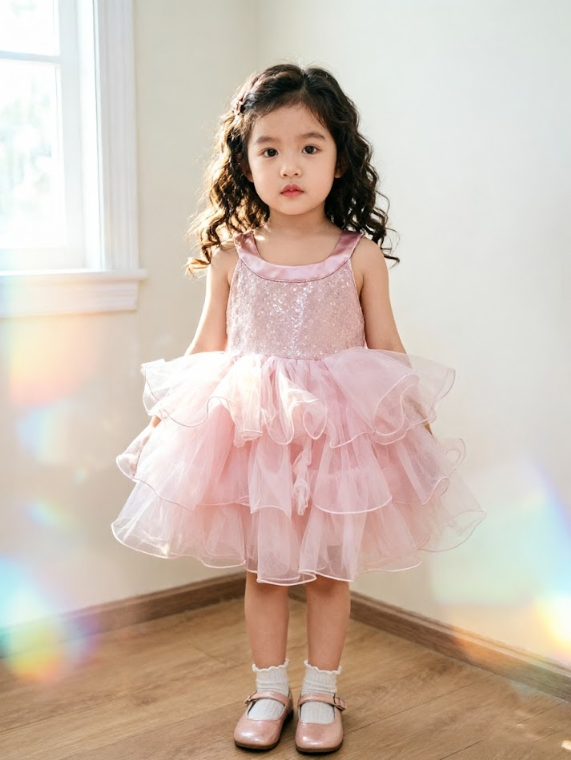 BYC04D013PK 櫻粉星河卷邊露肩蓬蓬紗裙連蝴蝶結紗紗髮夾