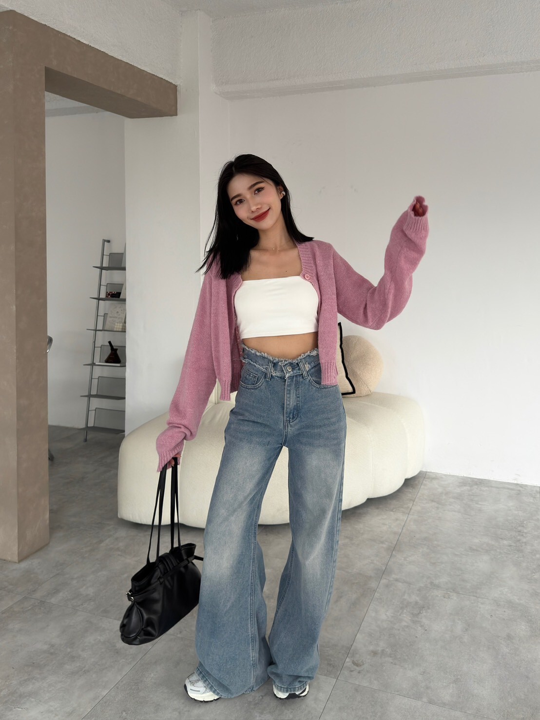 褲頭抽鬚高腰牛仔寬褲