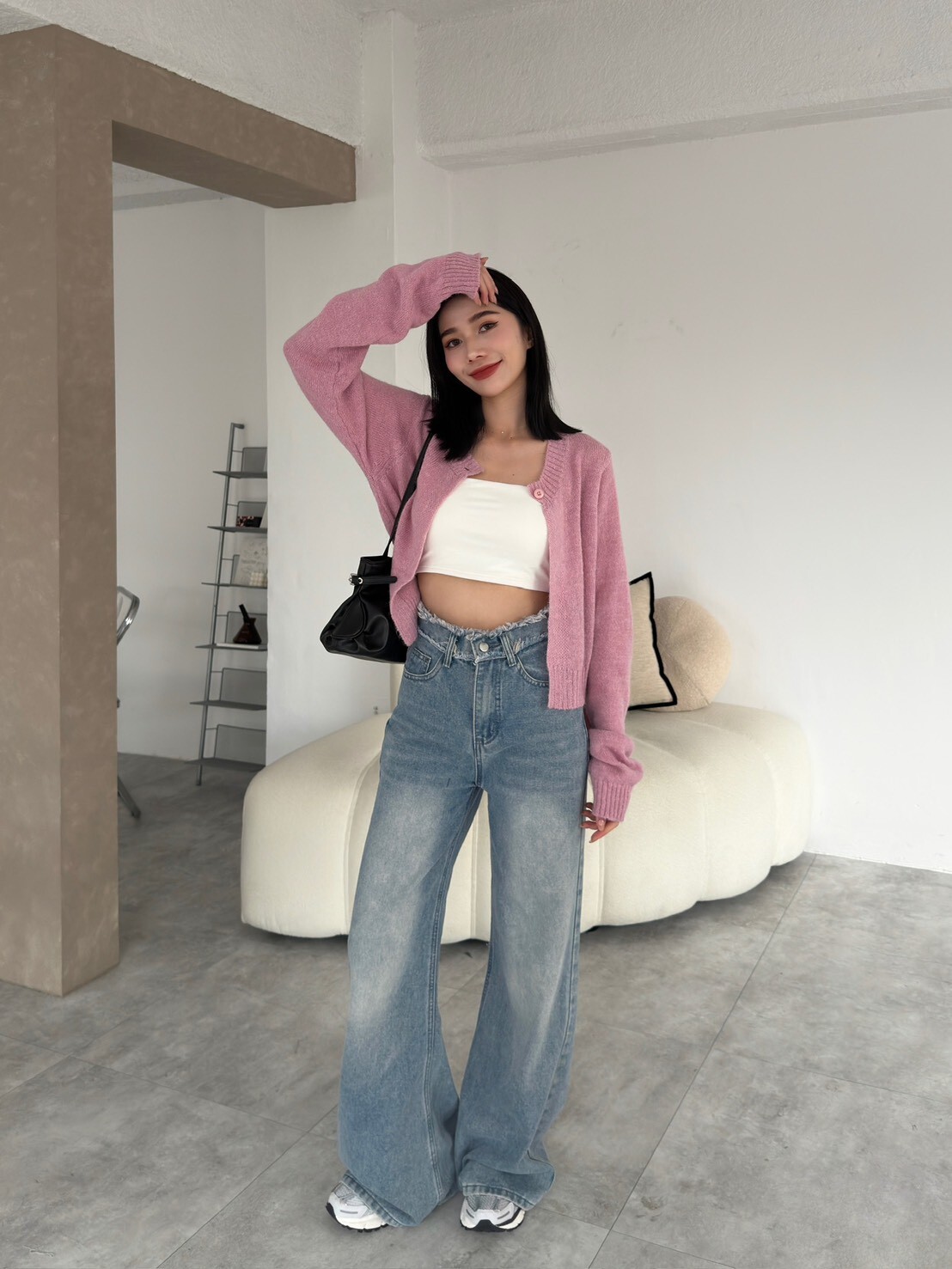 褲頭抽鬚高腰牛仔寬褲