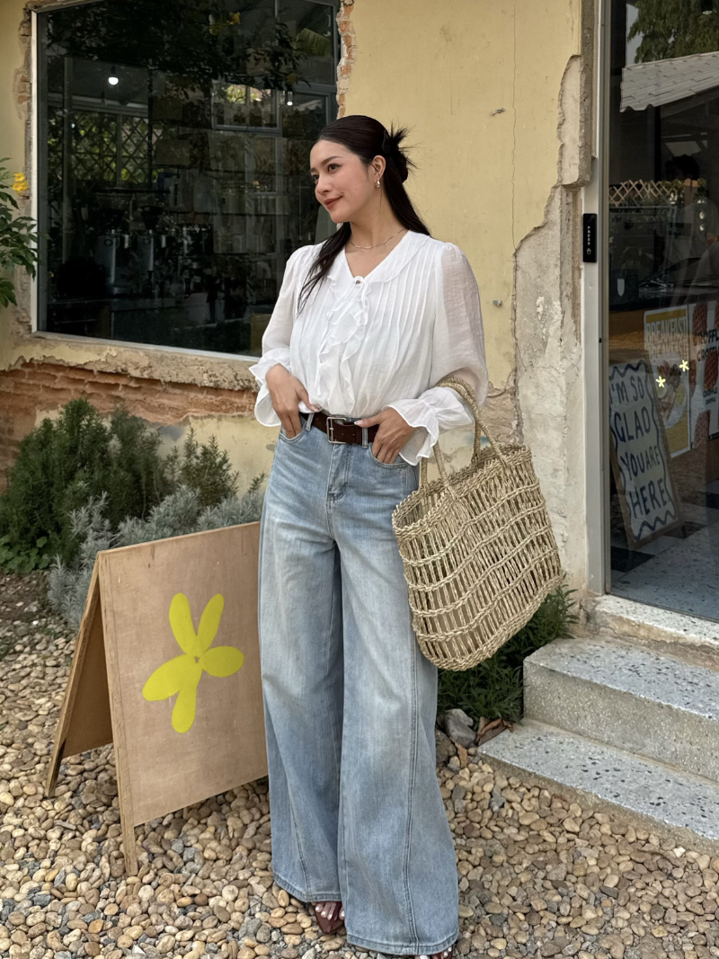 A3382-荷葉領前綁帶麻棉上衣