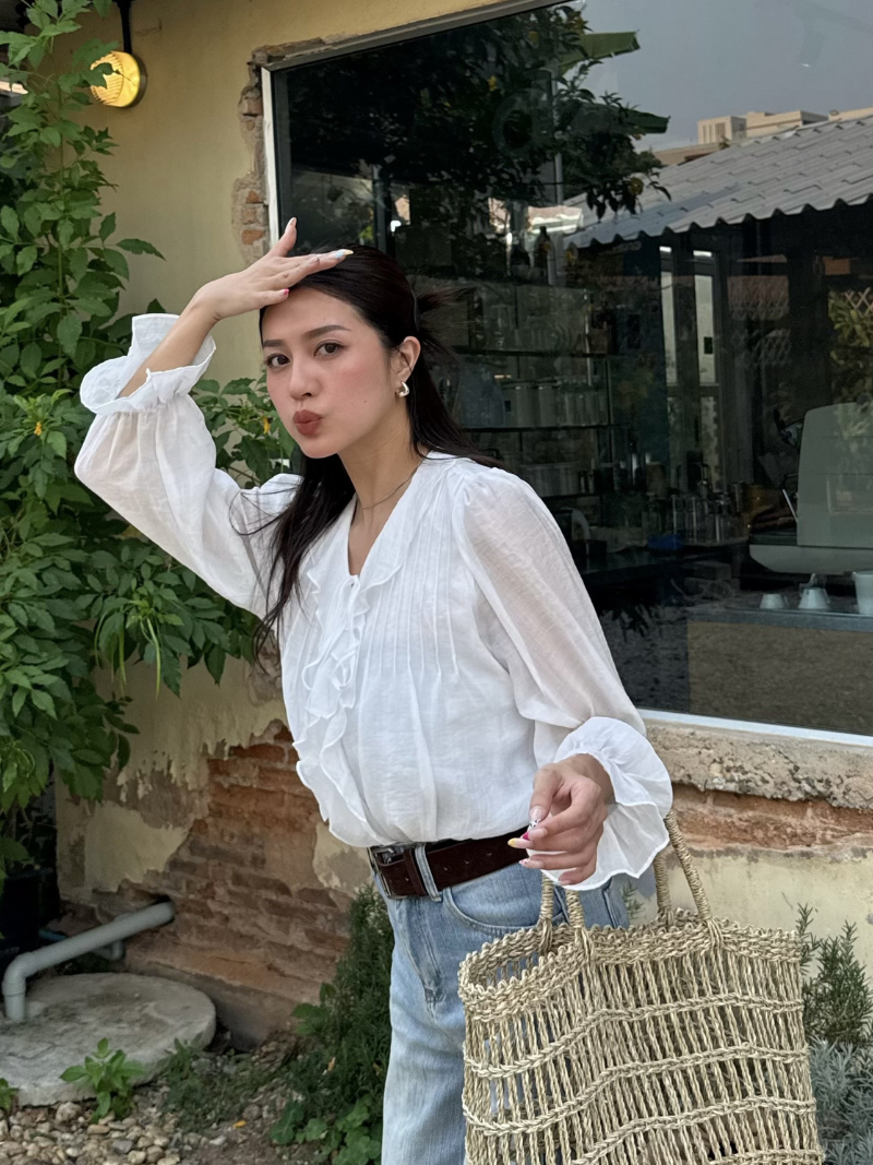 A3382-荷葉領前綁帶麻棉上衣