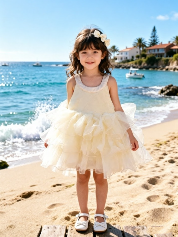 BYC04D014BE  奶油星河卷邊露肩蓬蓬紗裙連蝴蝶結紗紗髮夾