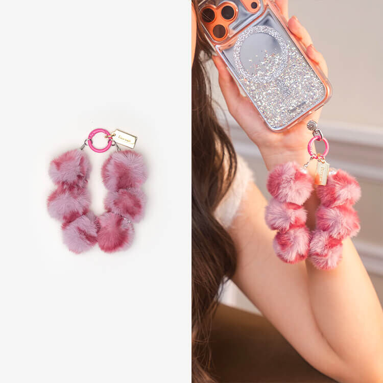 豹紋毛毛Q球珍珠 (莓紅) 手腕繩 短掛繩 手機掛繩 毛球 手機提鍊
