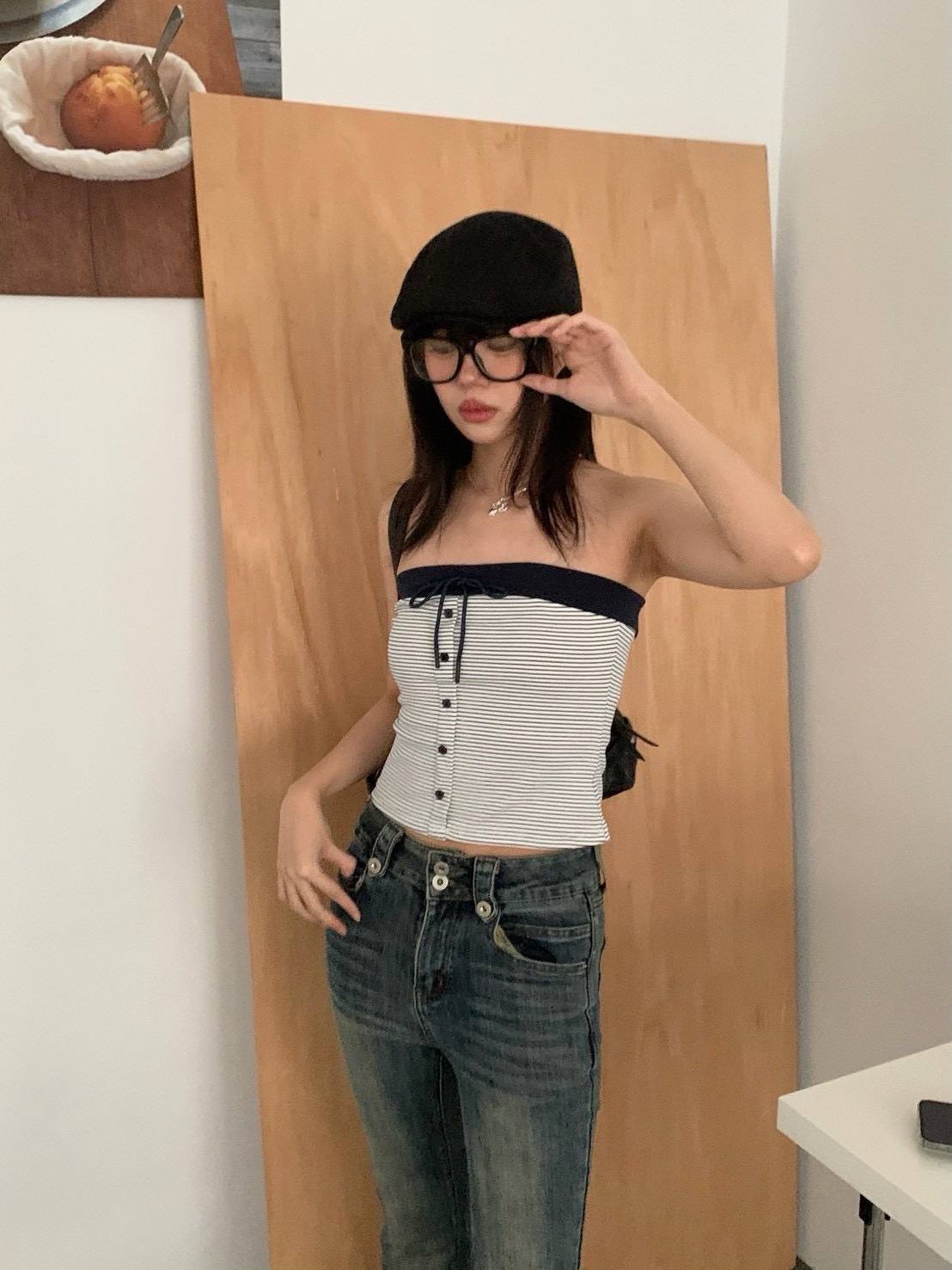 B114韓系條紋抽繩平口上衣