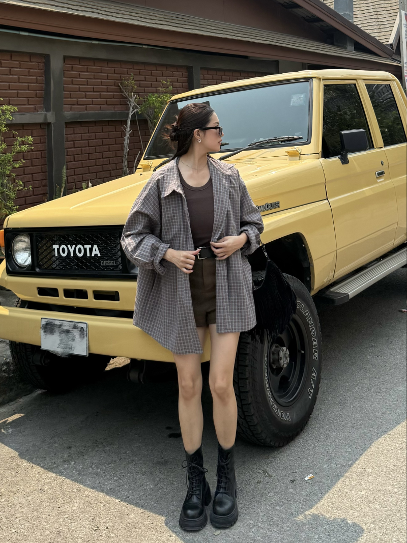 A3383-復古格紋寬鬆襯衫