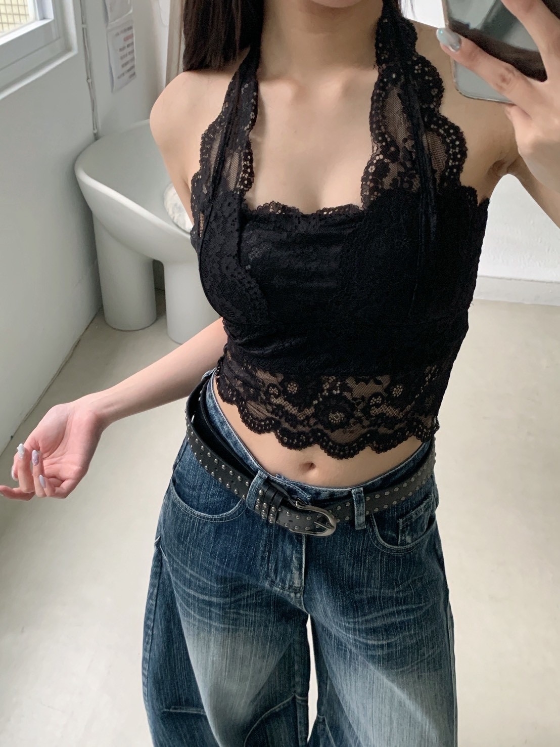 B176純慾蕾絲胸墊掛脖上衣(可疊穿)