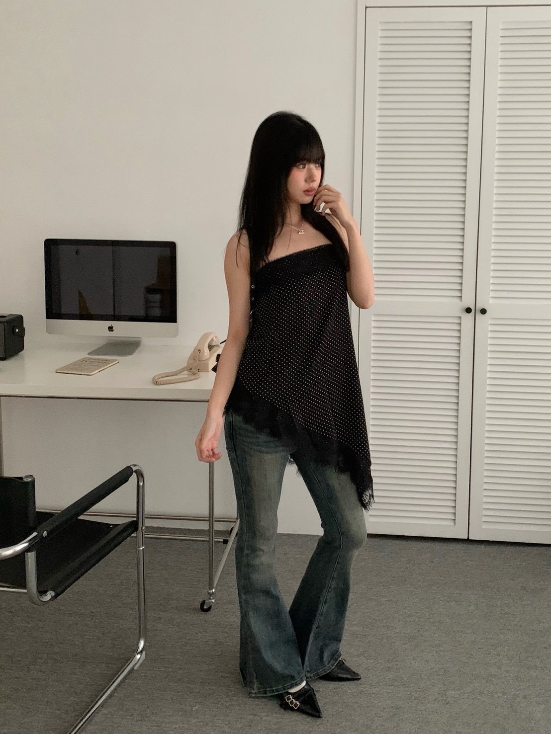 B189韓系點點斜擺疊穿裙