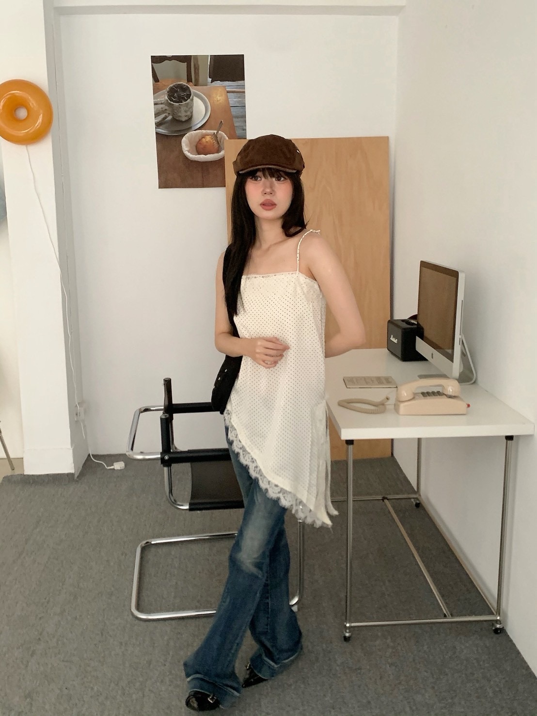 B189韓系點點斜擺疊穿裙