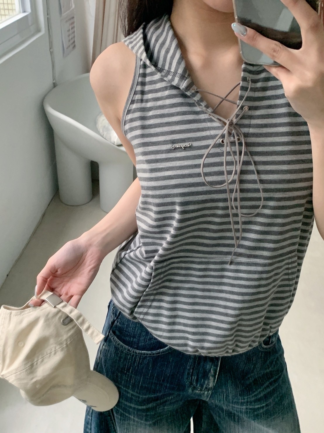 B192條紋設計連帽抽繩上衣