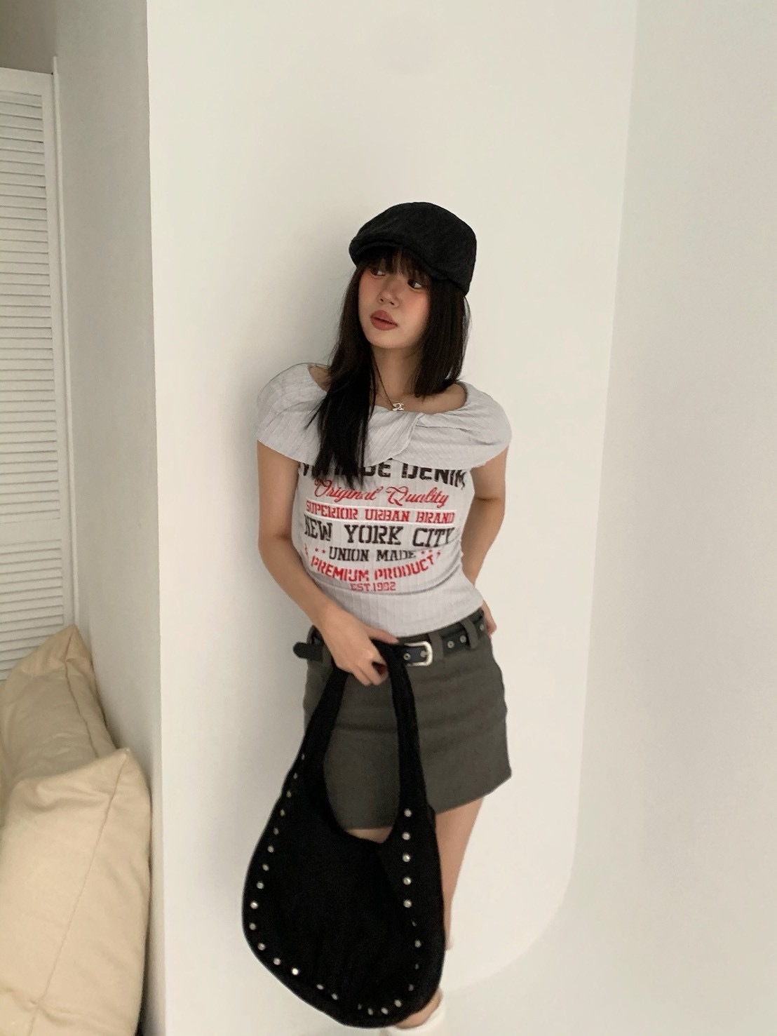 B151復古印花設計一字領