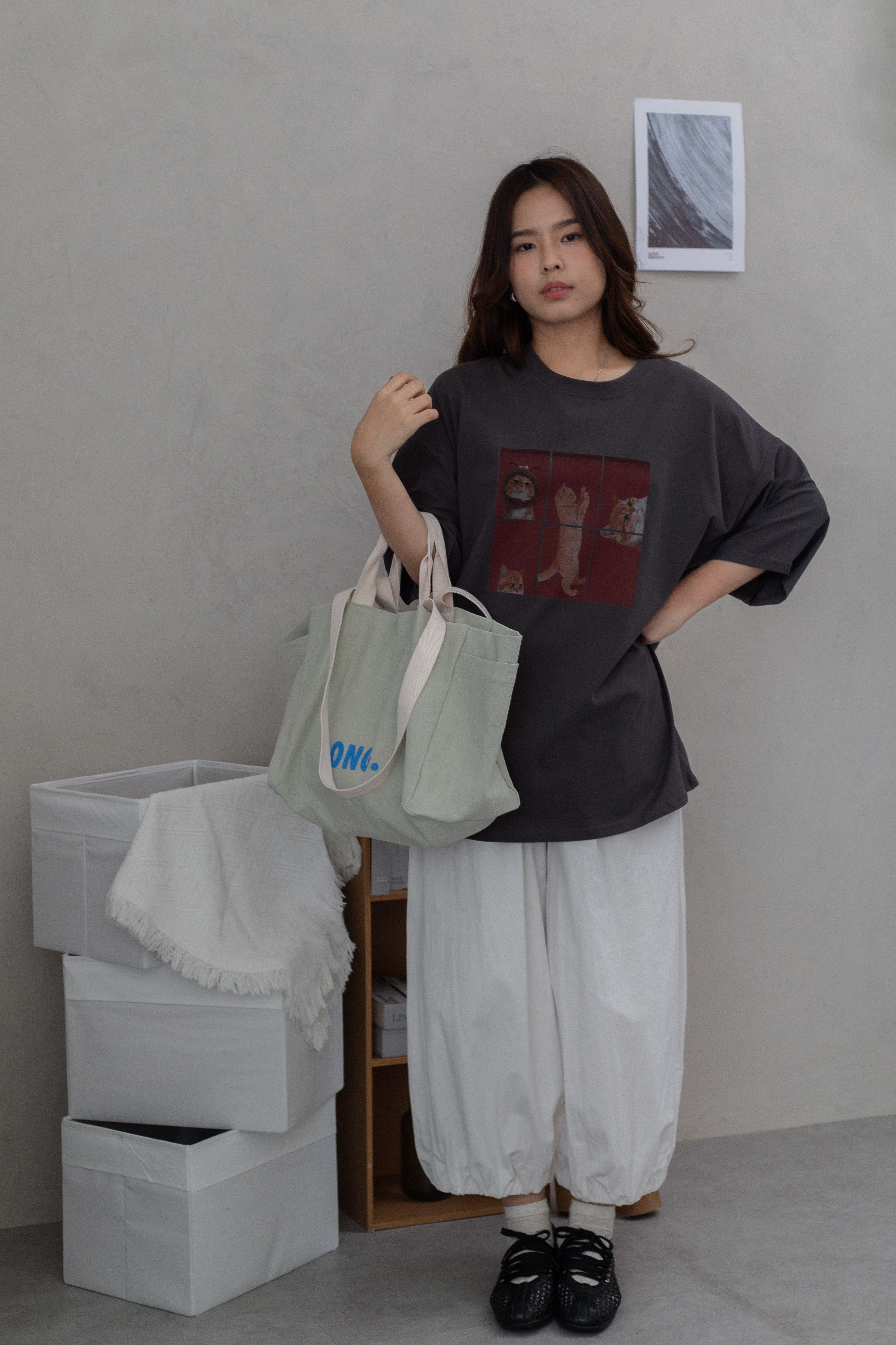 Lula Cat Oversized Tee Grey -2676TSGRY