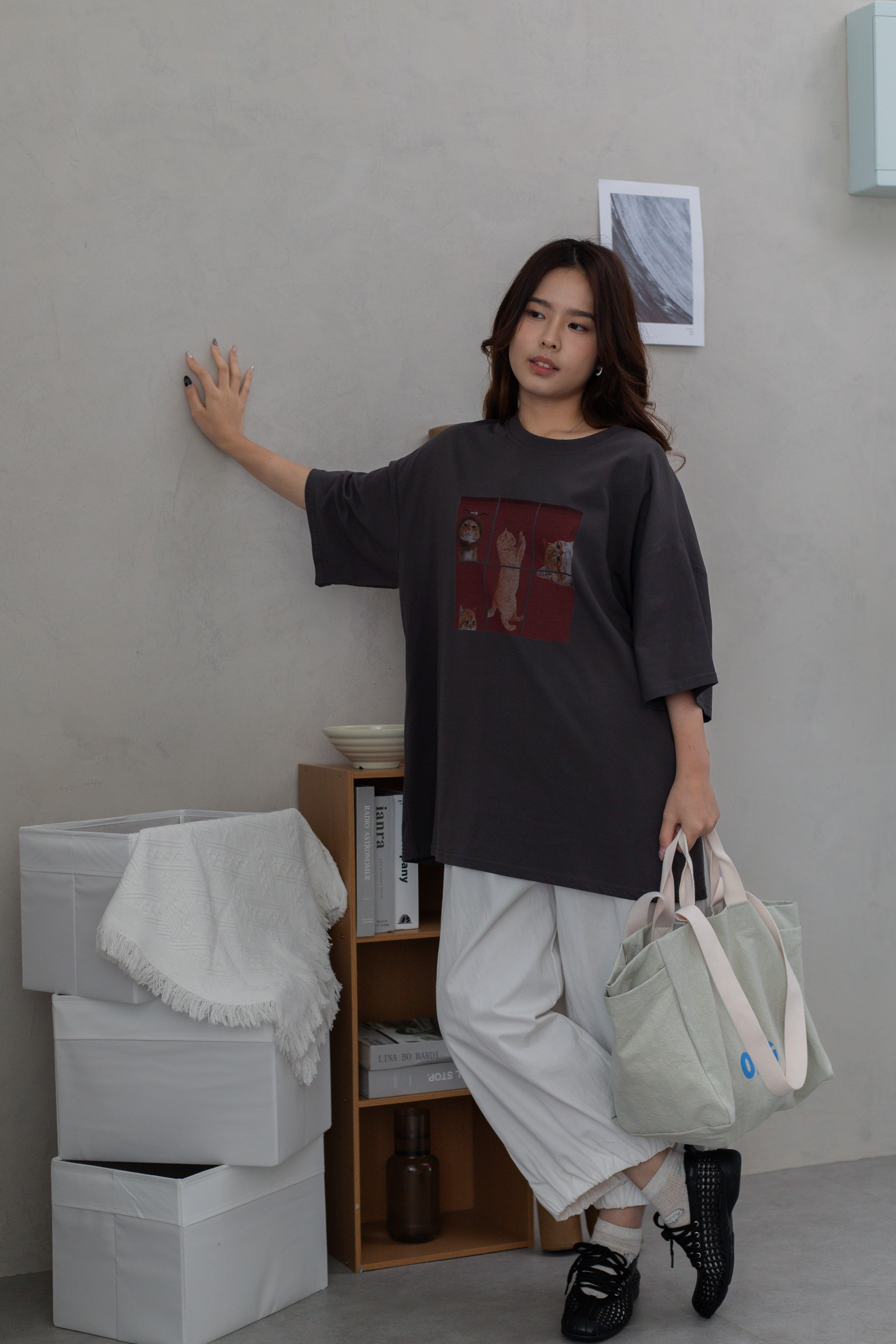 Lula Cat Oversized Tee Grey -2676TSGRY