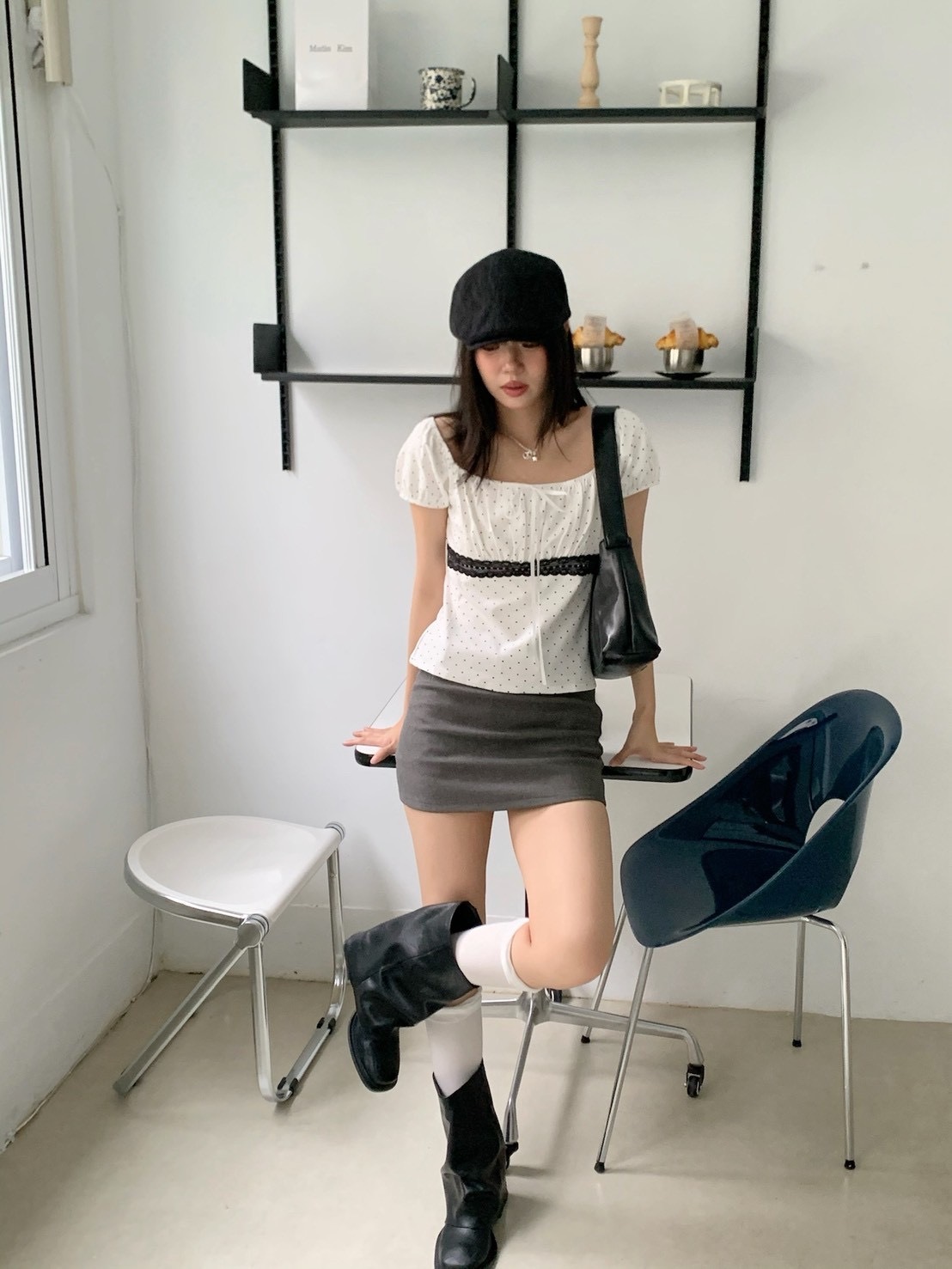 B175可愛蝴蝶結波點花苞短袖