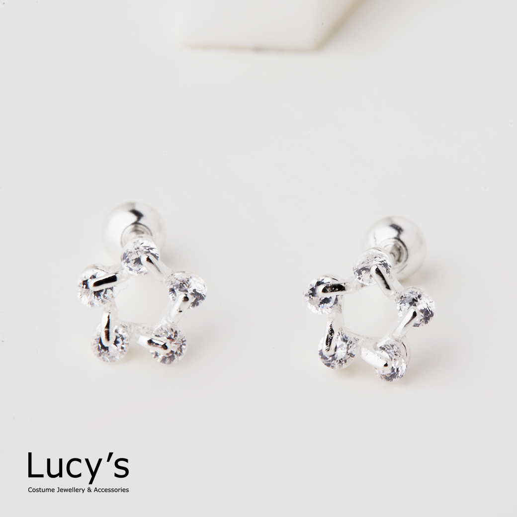 925純銀 鑽點小花 轉珠耳環 (114007)