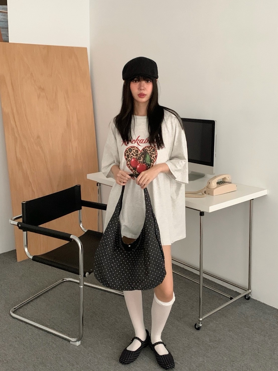 B154軟萌櫻桃愛心豹紋短袖T恤