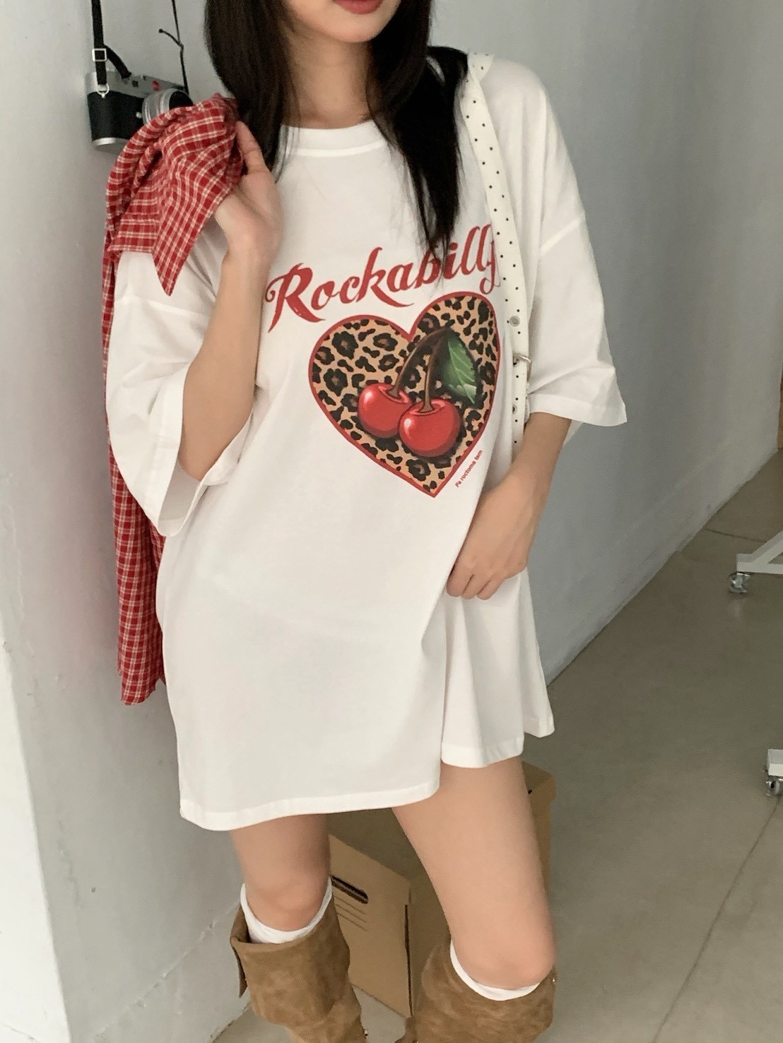 B154軟萌櫻桃愛心豹紋短袖T恤