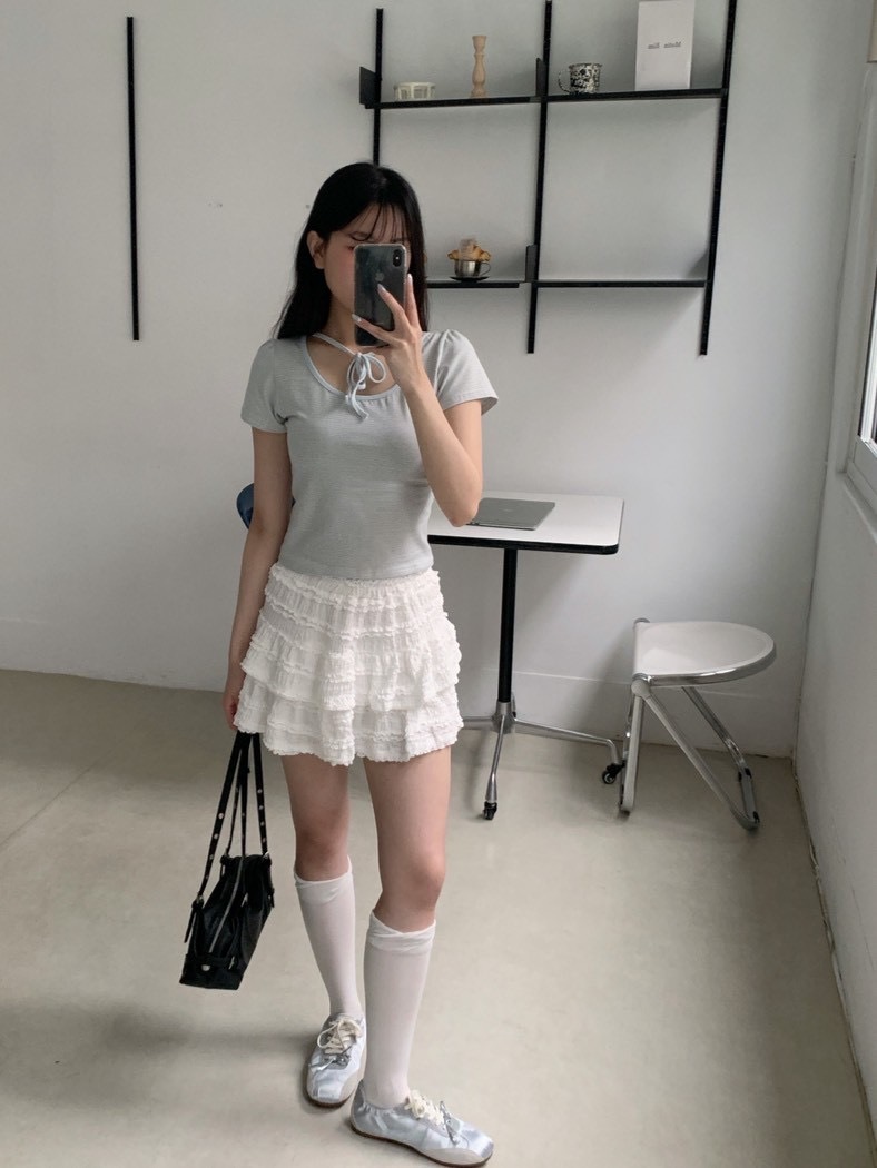 B181溫柔細條紋短袖綁繩上衣