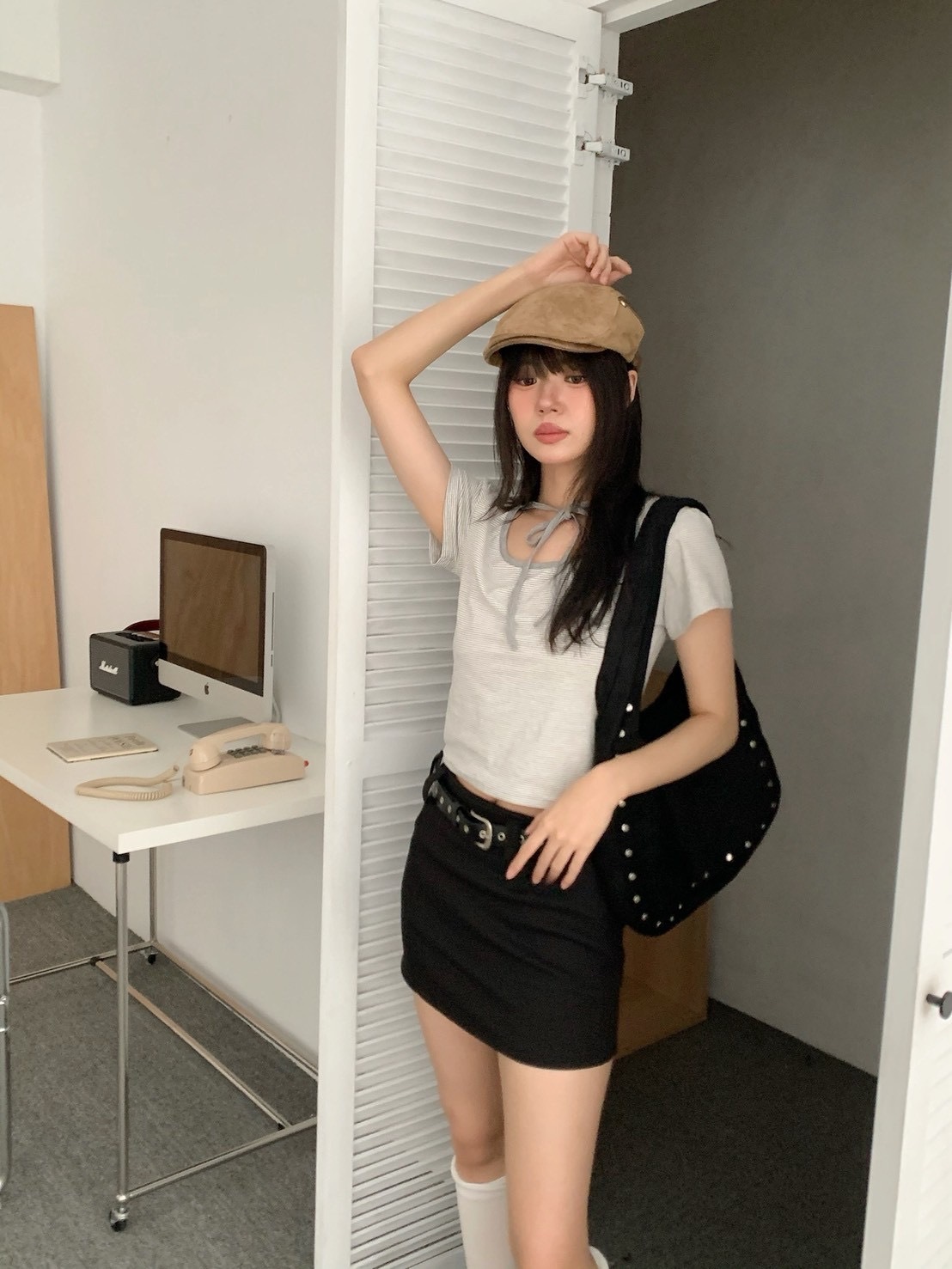 B181溫柔細條紋短袖綁繩上衣