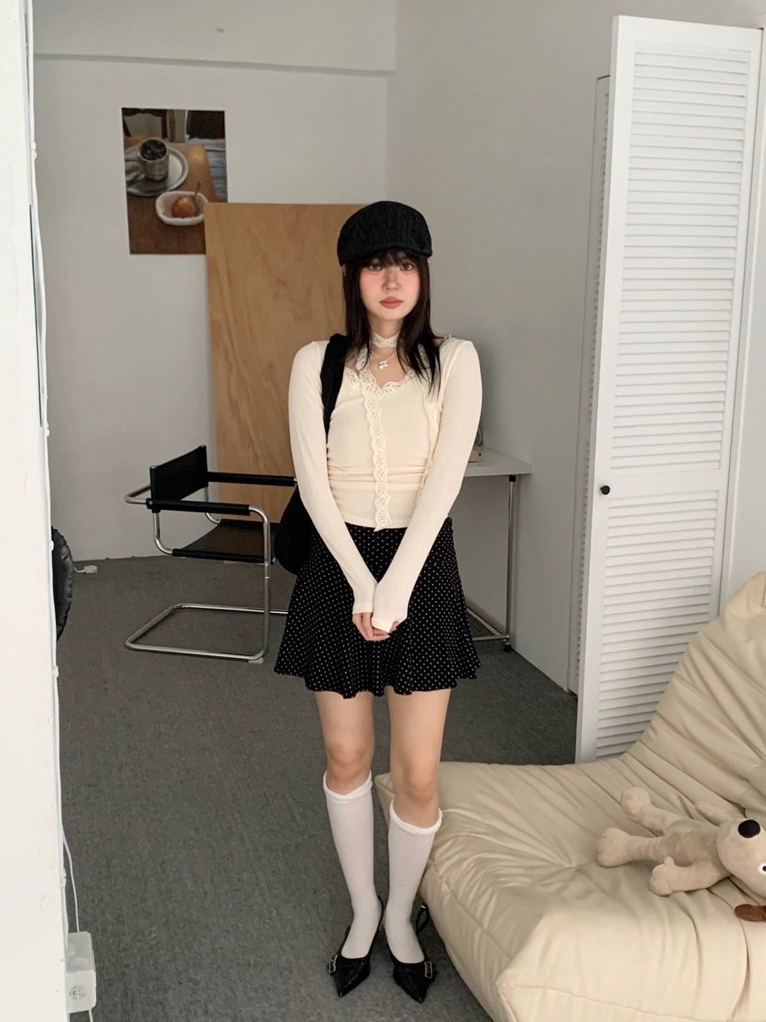 B143正韓甜美蕾絲抓皺長袖上衣(附蕾絲圍脖)