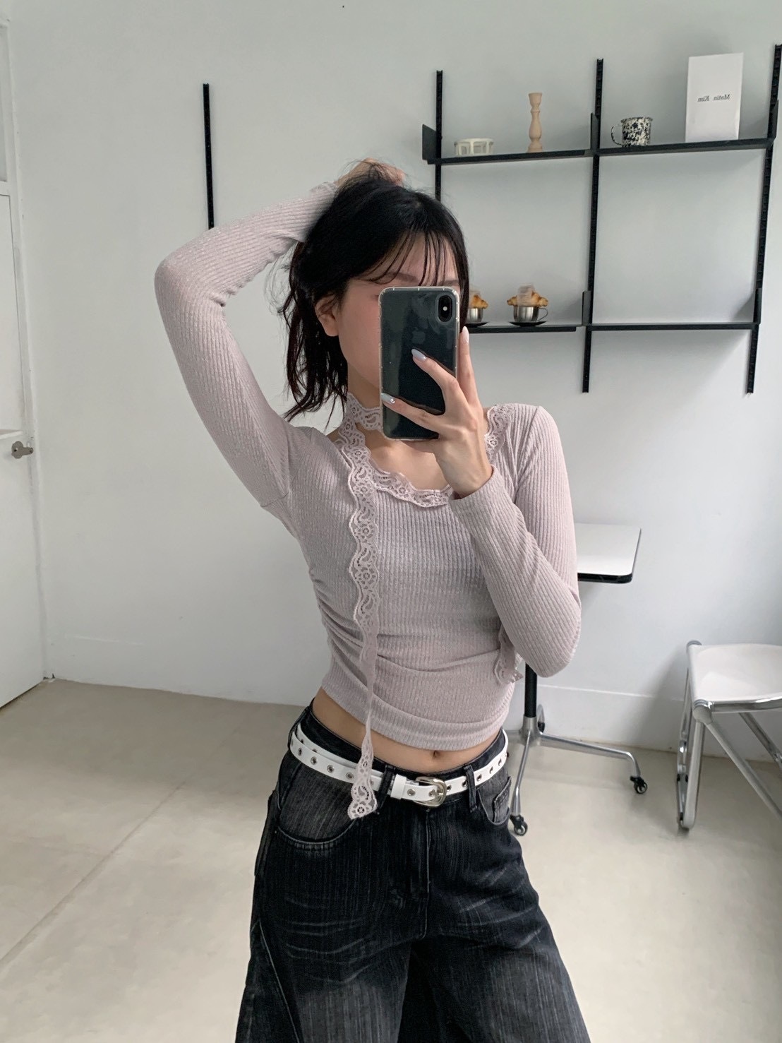 B143正韓甜美蕾絲抓皺長袖上衣(附蕾絲圍脖)