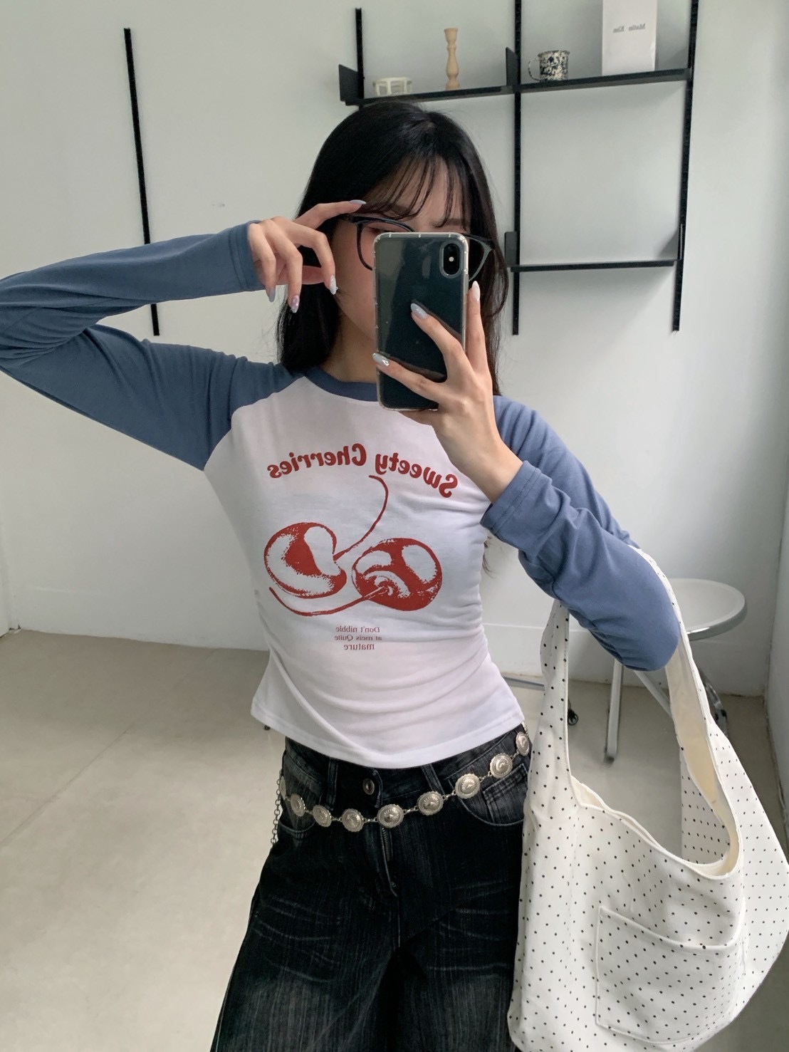 B112正韓可愛櫻桃撞色長袖上衣