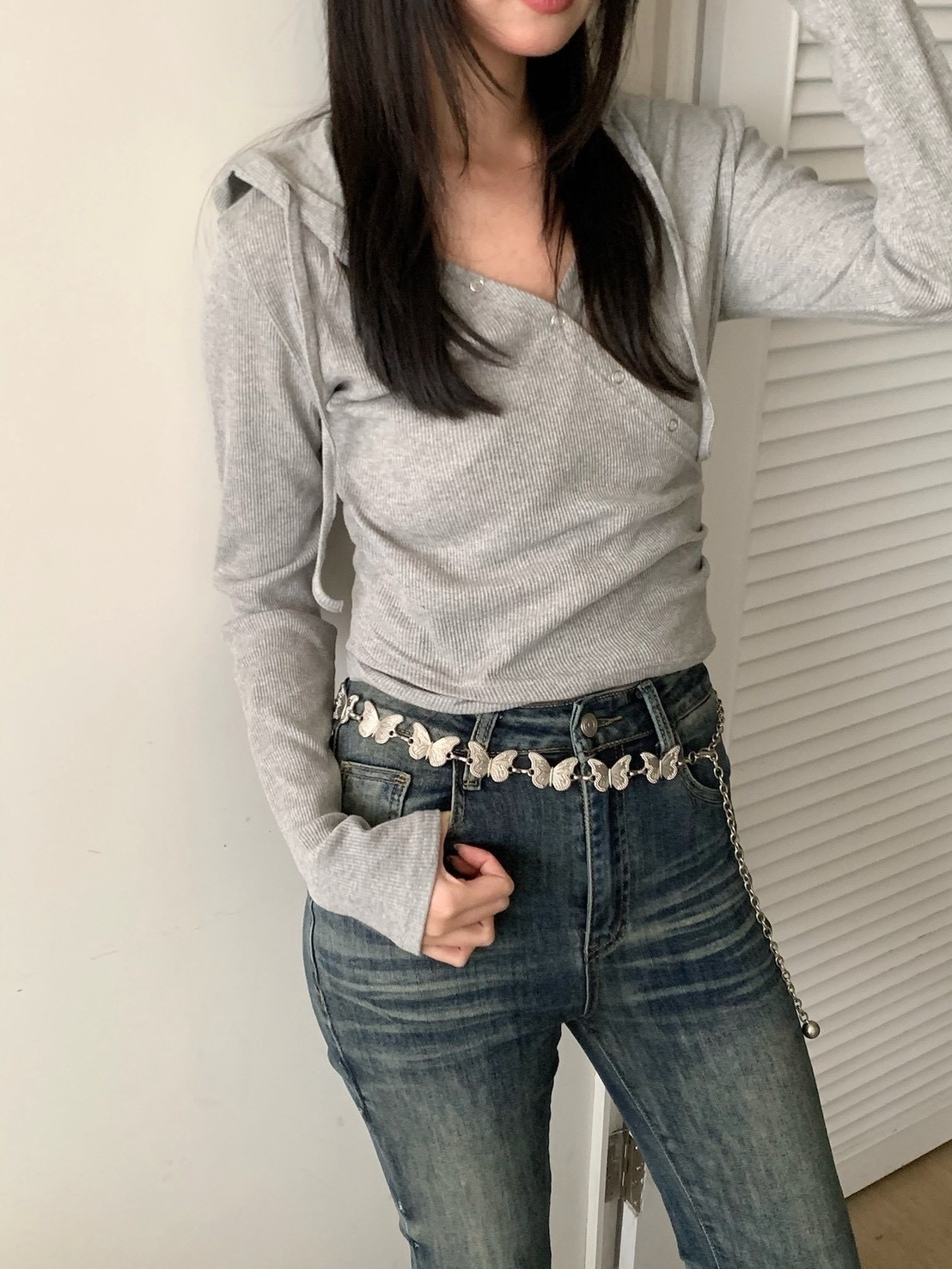 B109正韓交叉卯釘抽繩連帽長袖