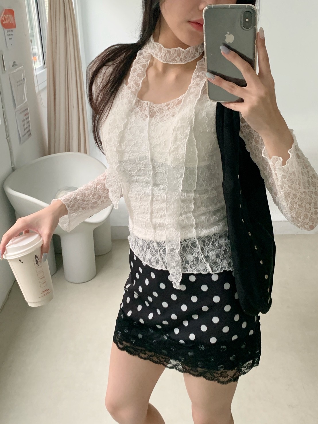 B133正韓韓感波點蕾絲短裙
