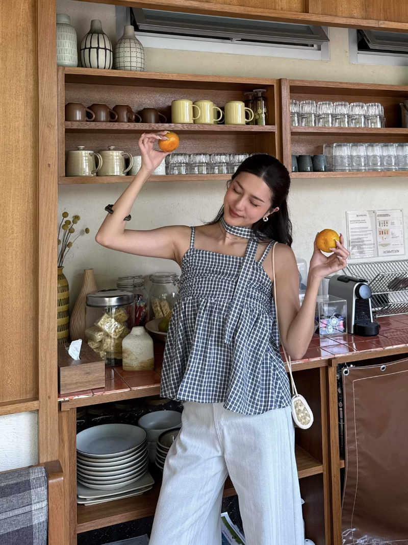 A3384-格紋麻棉吊帶上衣