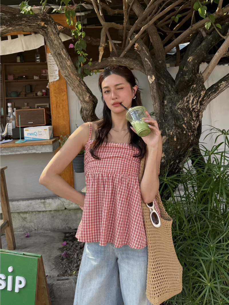 A3384-格紋麻棉吊帶上衣