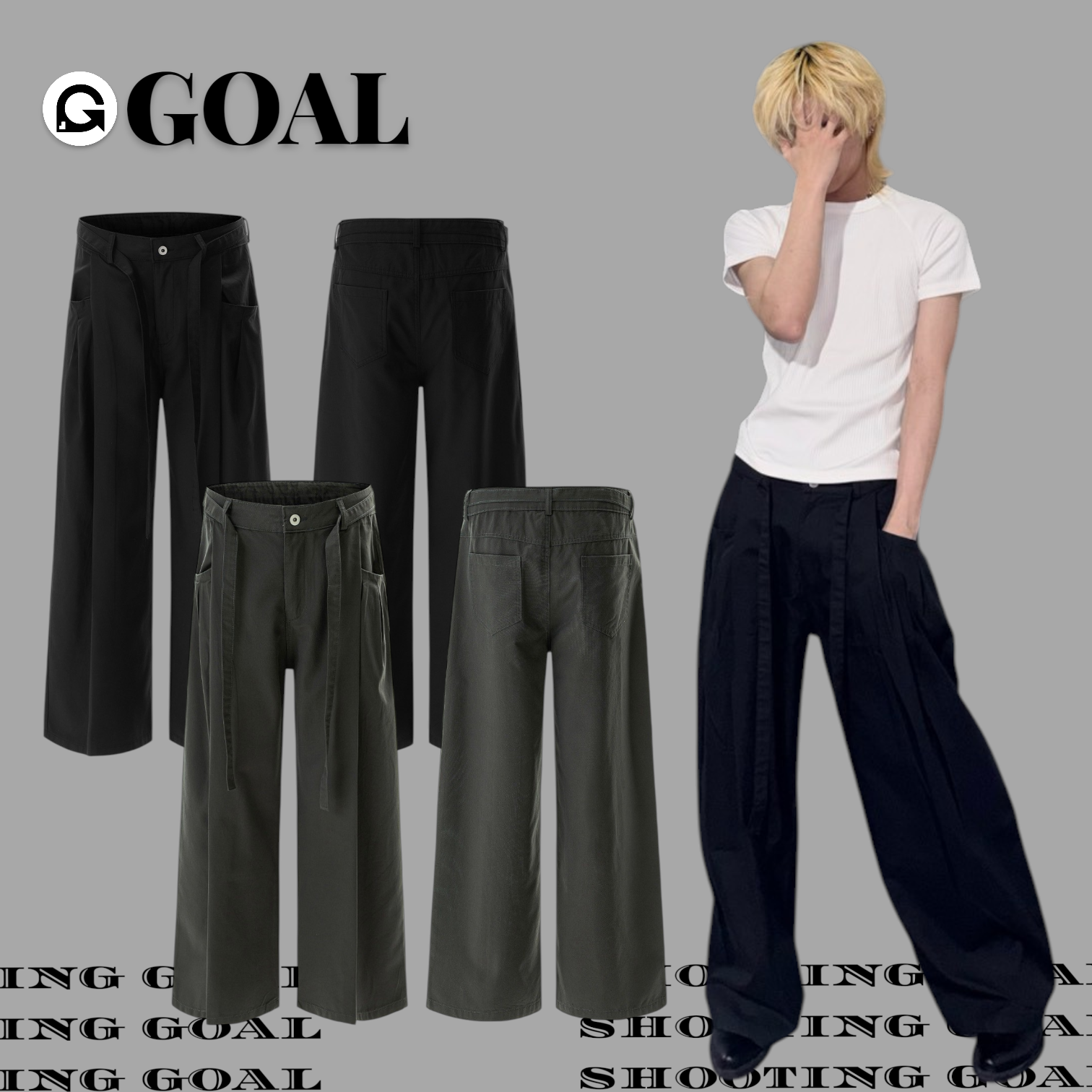 (GOAL) 美式復古 簡約壓褶 闊腿 工裝褲  直筒 設計感 長褲 2622