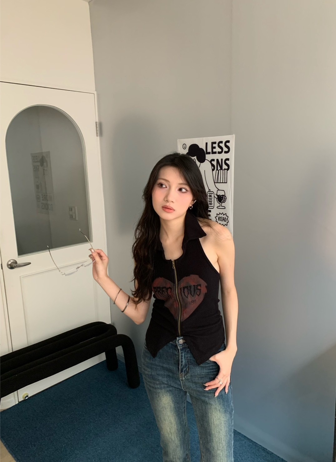 B108復古愛心拉鍊背心