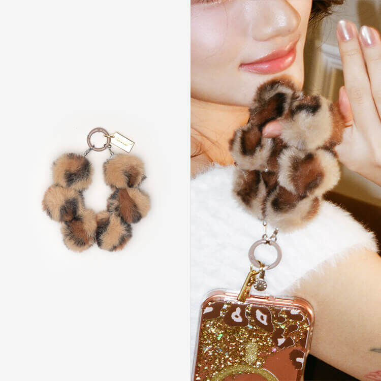 豹紋毛毛Q球珍珠 (淺咖) 手腕繩 短掛繩 手機掛繩 毛球 手機提鍊