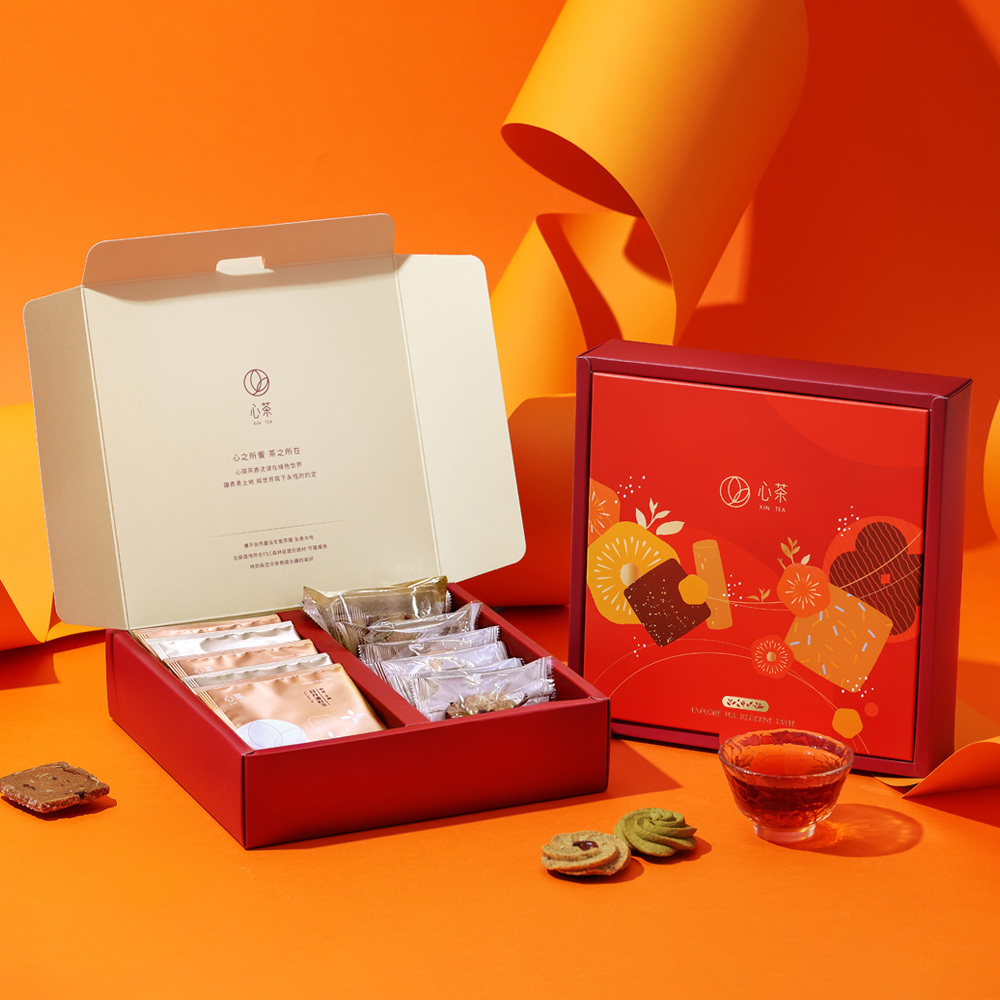 【 茗心芬芳 】單層燙金禮盒 - 茶點x茶包11入/茶點12入