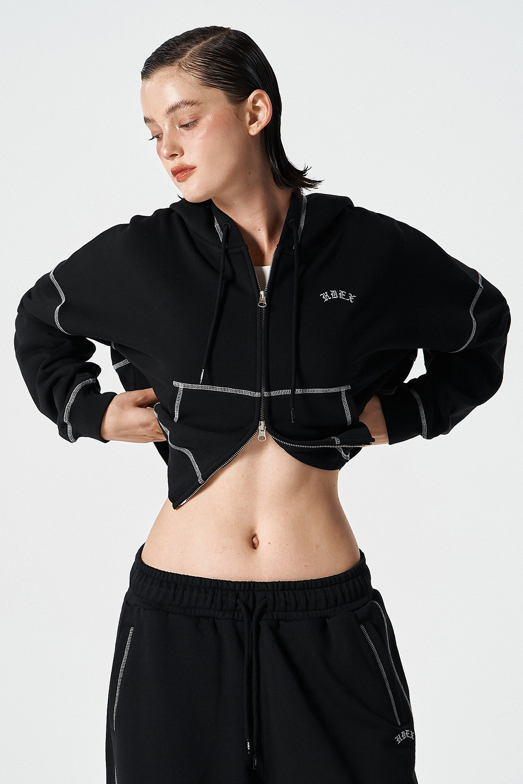 【HDEX】Women's Contrast Stitch Hoodie Zip-Up (Melange White/Black)