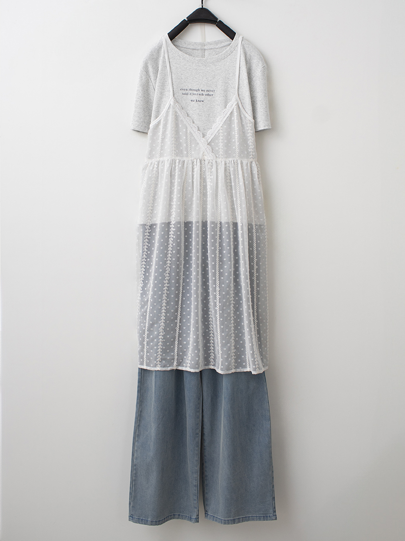 緹花蕾絲背涼感棉短袖上衣水洗天絲棉直筒寬褲組合
