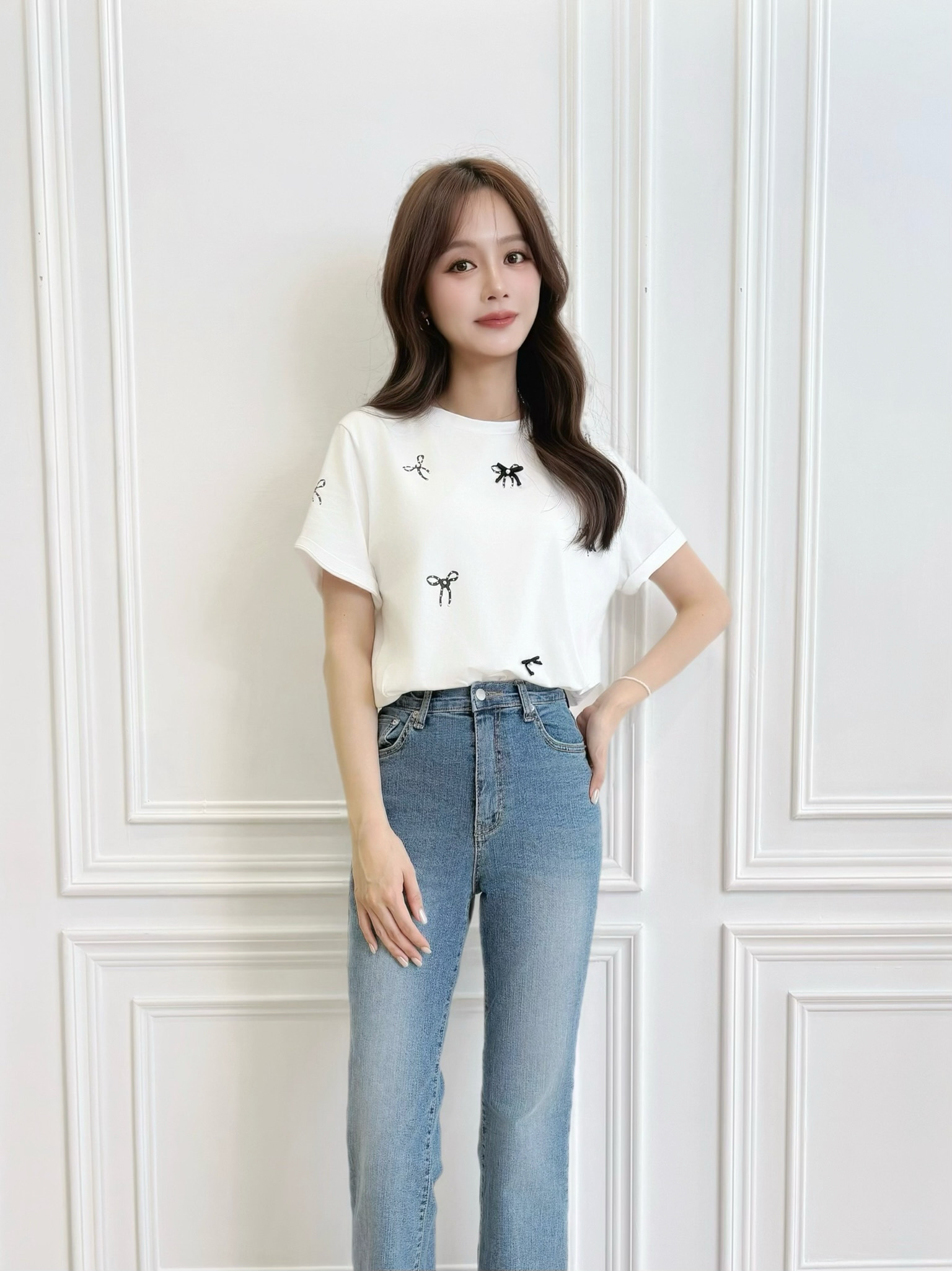 細緻小珍珠蝴蝶結短袖T