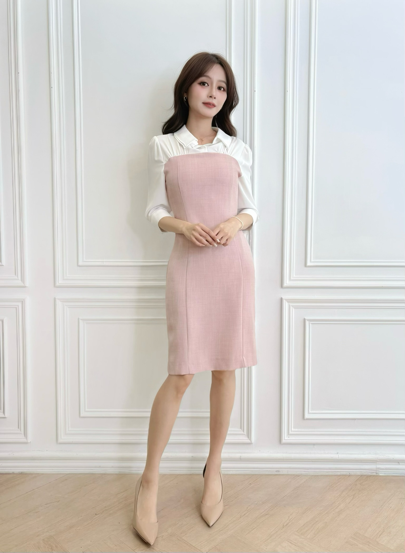 拼接織紋七分袖洋裝