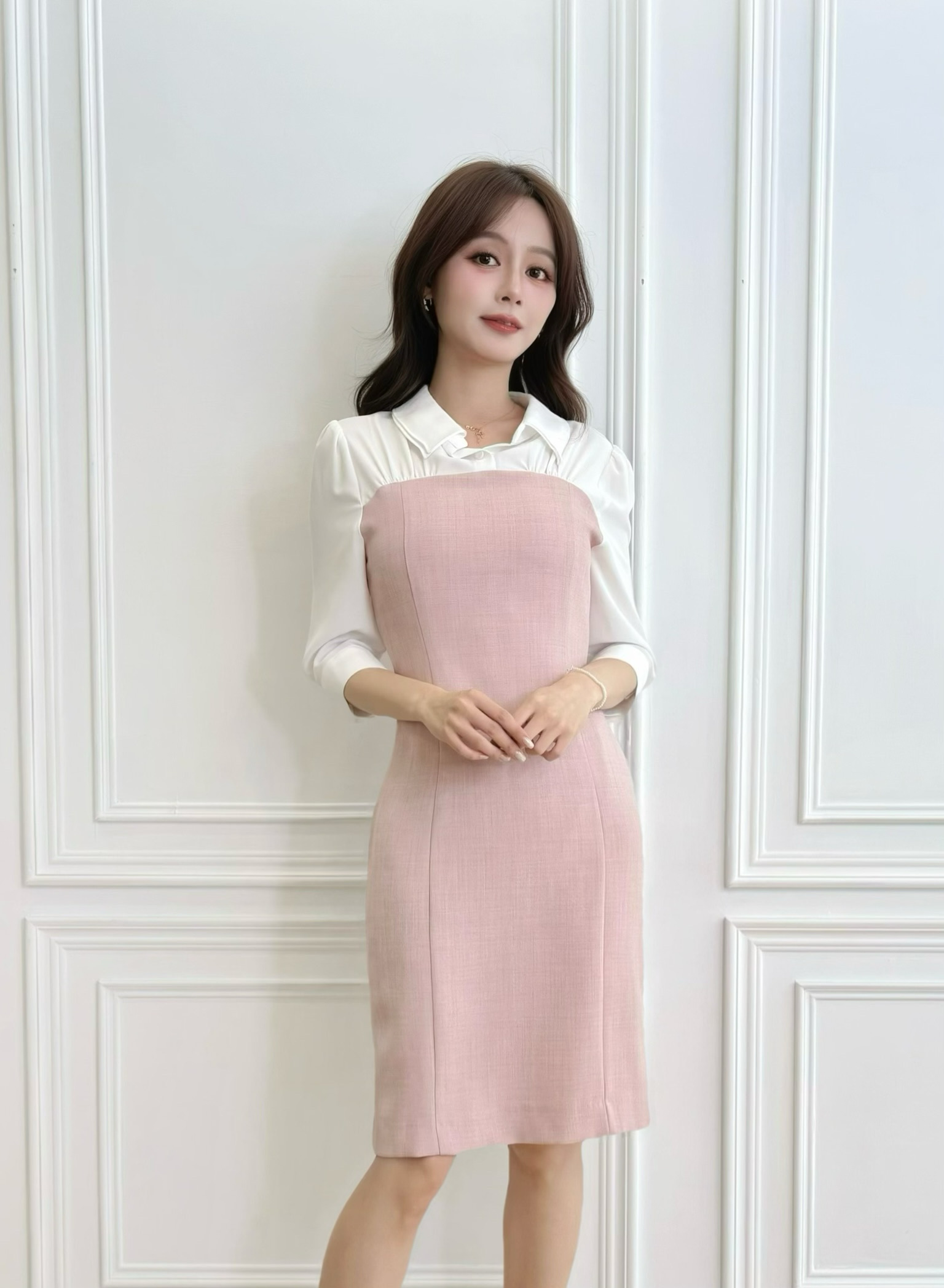 拼接織紋七分袖洋裝