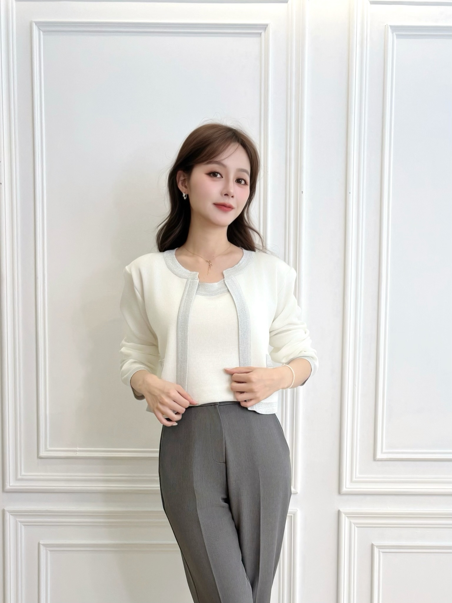 滾邊撞色金蔥感針織套裝