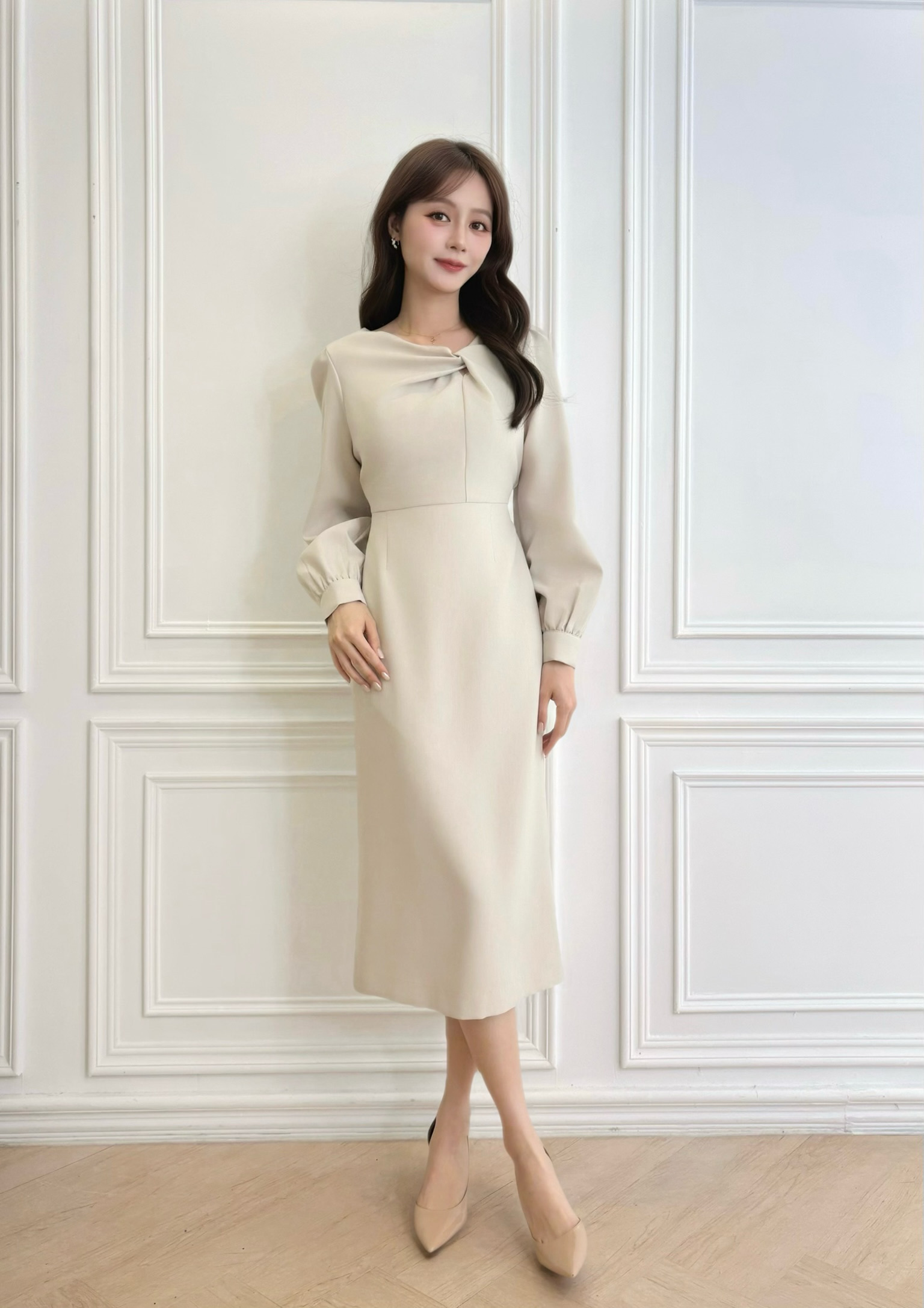 優雅緞光領間側扭結腰身洋