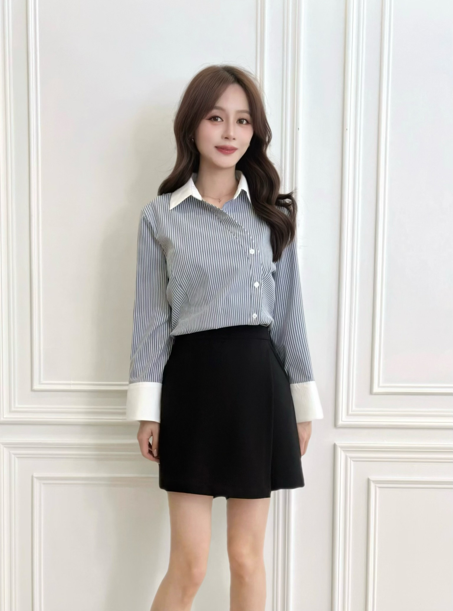 圓弧側釦撞色領條紋上衣